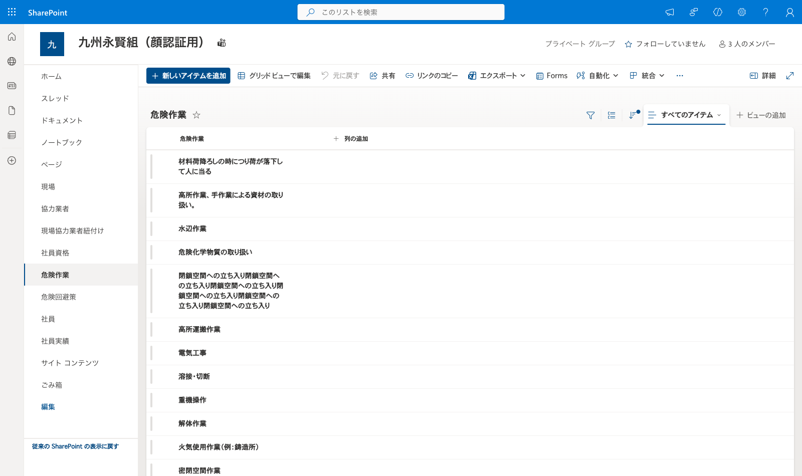 危険作業マスタ 完成画面