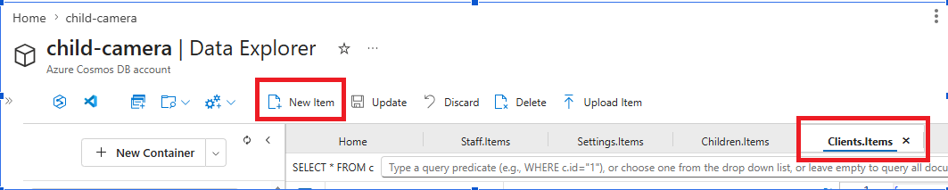 Cosmos DB Data Explorer で New Item ボタンをクリック