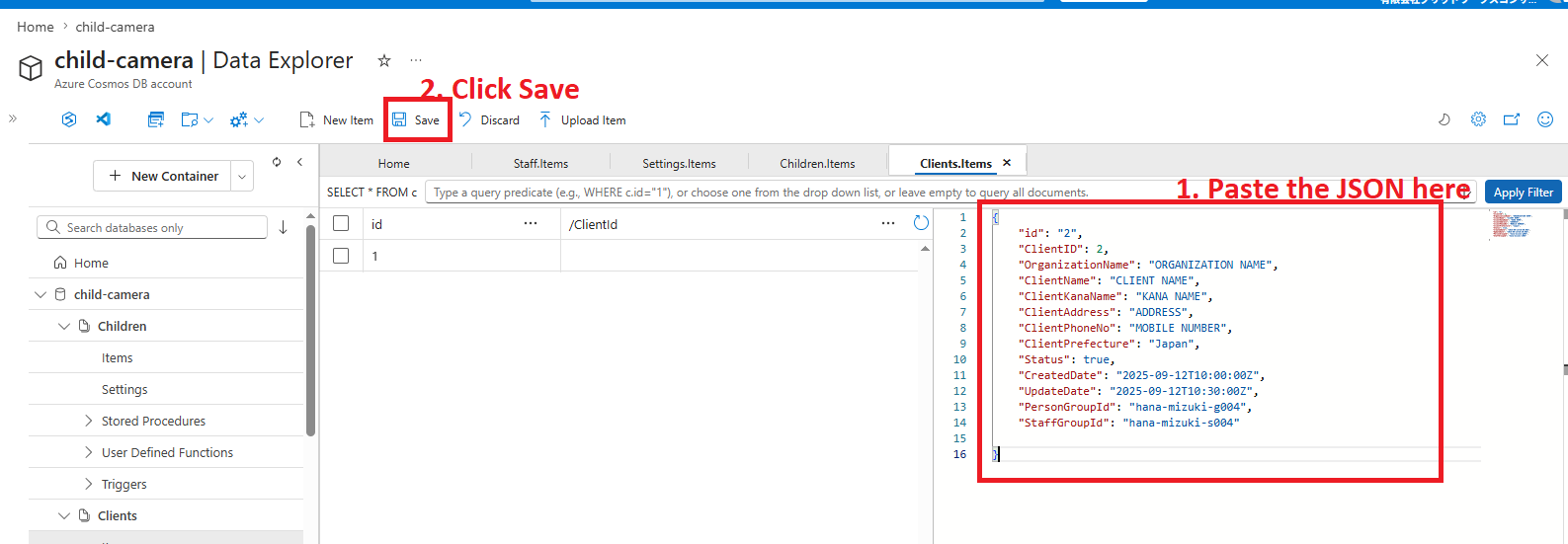 JSONを貼り付けて Save ボタンをクリック